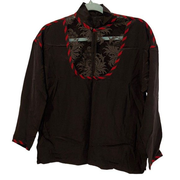 Vintage SILK black red detail Lace sequins front STUNNING Tunic top M - Picture 1 of 4
